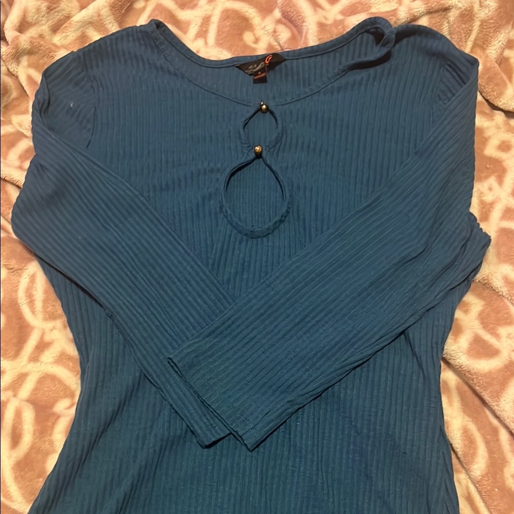 G by Guess Teal Ribbed Blouse with Keyhole Detail